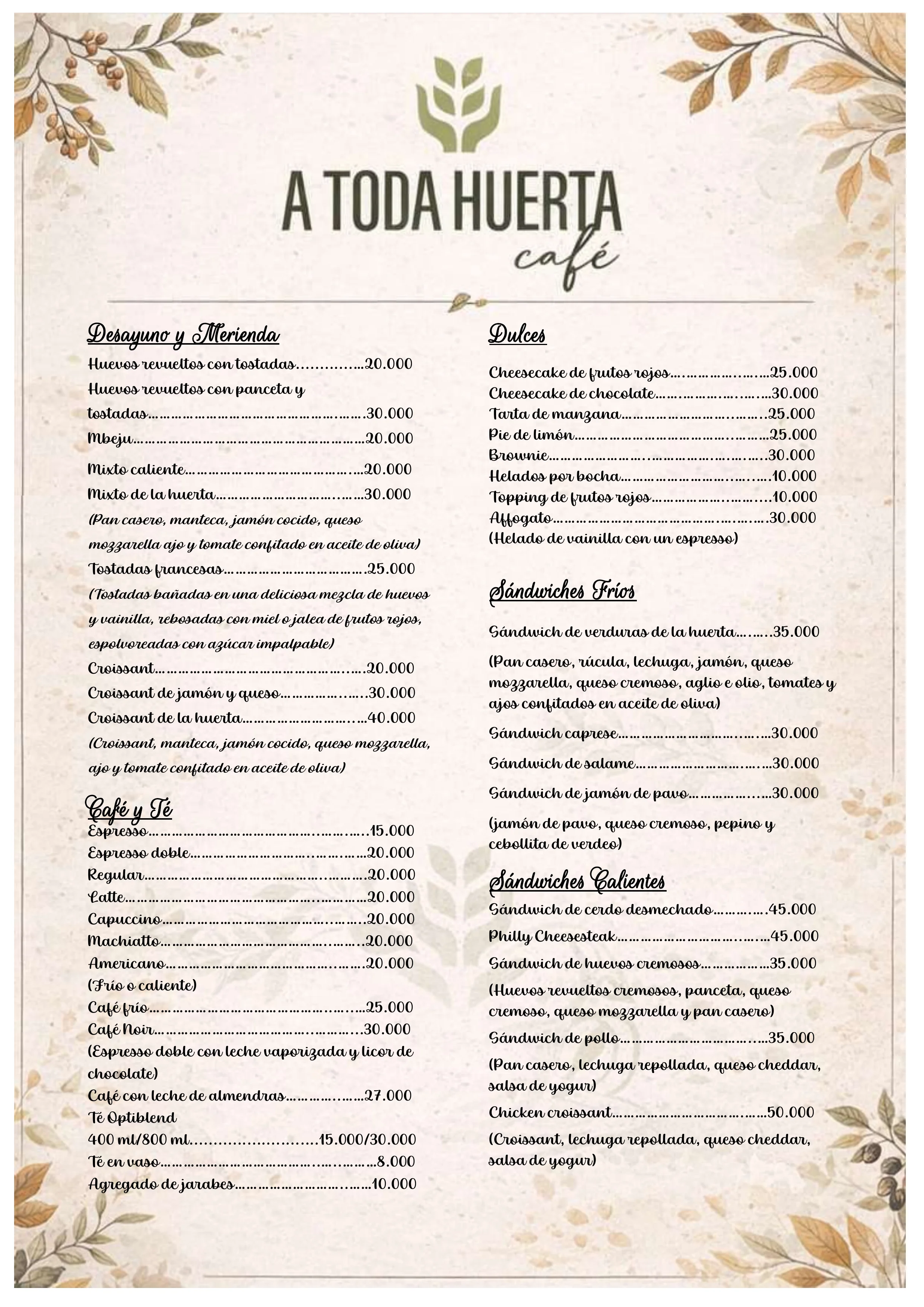 Menú de A Toda Huerta Café — página 1